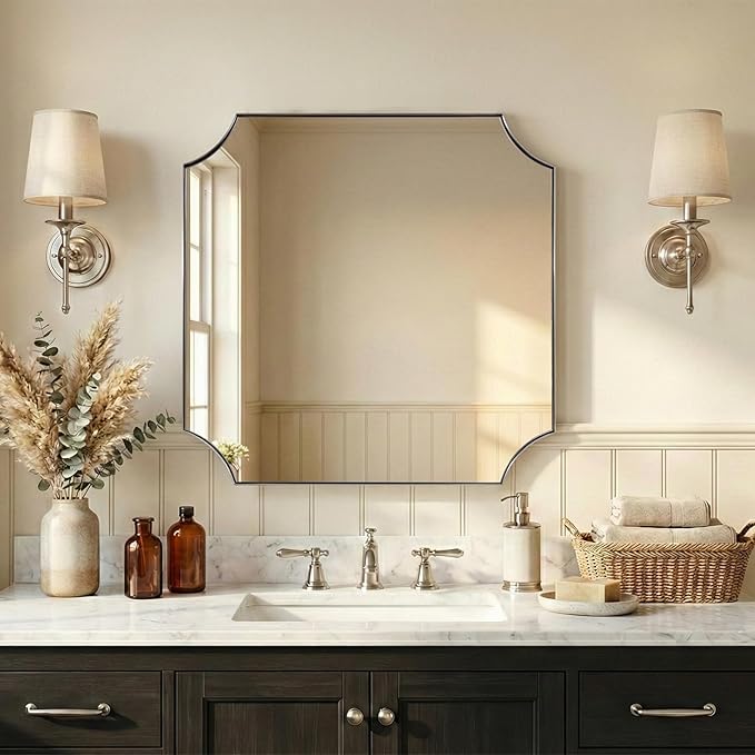 ANDY STAR 30"x30" Chrome Bathroom Mirror, Square Vanity Mirror, Scalloped Wall Mirror in Rustproof Stainless Steel Thin Frame, Aesthetic Scalloped Corner Design, Ideal for Bathroom Remodel