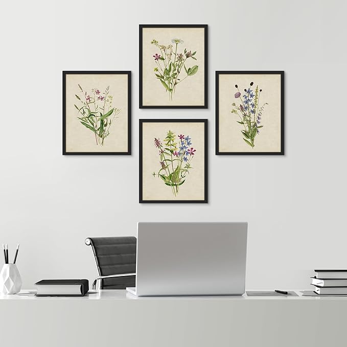SIGNWIN Framed Watercolor Floral Botanical Wall Art, Set of 4 Vintage Wall Decor Prints, Minimalist Wall Décor for Living Room, Bedroom - 12"x16" Black