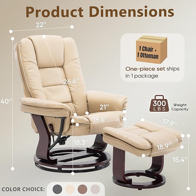 Argus Swivel Recliner with Ottoman, PU Leather & Wood Base Reclining Chair with Footrest, Ultra-Plush Double Foam for Living Room, Bedroom and Office, Set of 1