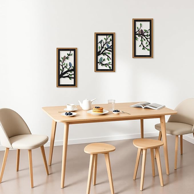 Ausril 3 Pcs Birds Tree Branch Wall Decor,Black Tree of Life Wall Art,Green Leaves with Bird Wall Art,Branch Birds Silhouette Artwork Sculpture,Black Tree Sign Wood Framed for Home Living Room Bedroom