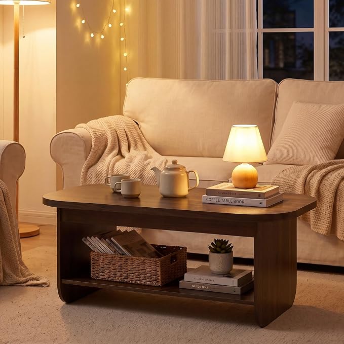 Giantex Oval Coffee Table, 47" Mid Century Modern Center Table with Storage Shelf & Round Corner, 2-Tier Accent Cocktail Tea Table, Wood Coffee Table for Living Room, Small Spaces (Espresso)