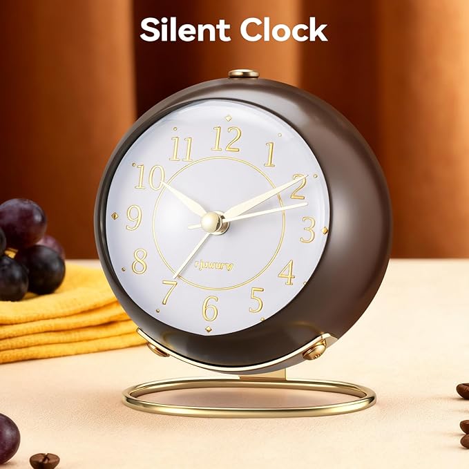 rjuwurv Metal Desk Alarm Clock, Retro Bedroom Table Vintage Analog Silent Non-Ticking Gold Alarm Clock, Bedside Decor(Coffee Brown)