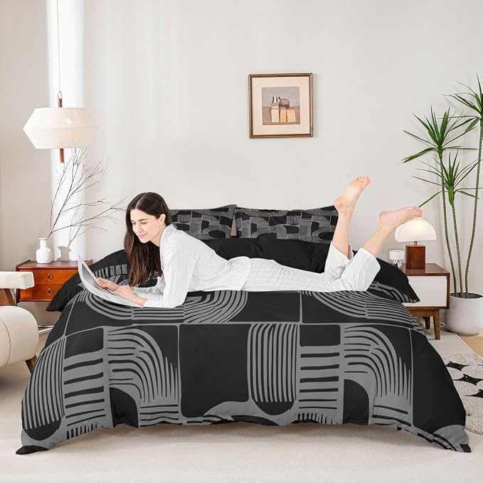 Erosebridal Black And Gray Full Bedding Set For Boys Bohemian Geometric Comforter Cover For Kids Teens Youth Adult Mid Century Abstract Duvet Cover Boho Stripes Minimalist Bed Sets With 2 Pillow Cases