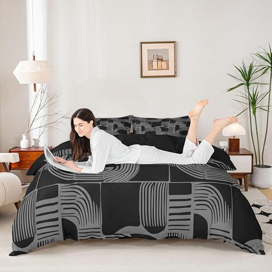 Erosebridal Black And Gray Full Bedding Set For Boys Bohemian Geometric Comforter Cover For Kids Teens Youth Adult Mid Century Abstract Duvet Cover Boho Stripes Minimalist Bed Sets With 2 Pillow Cases