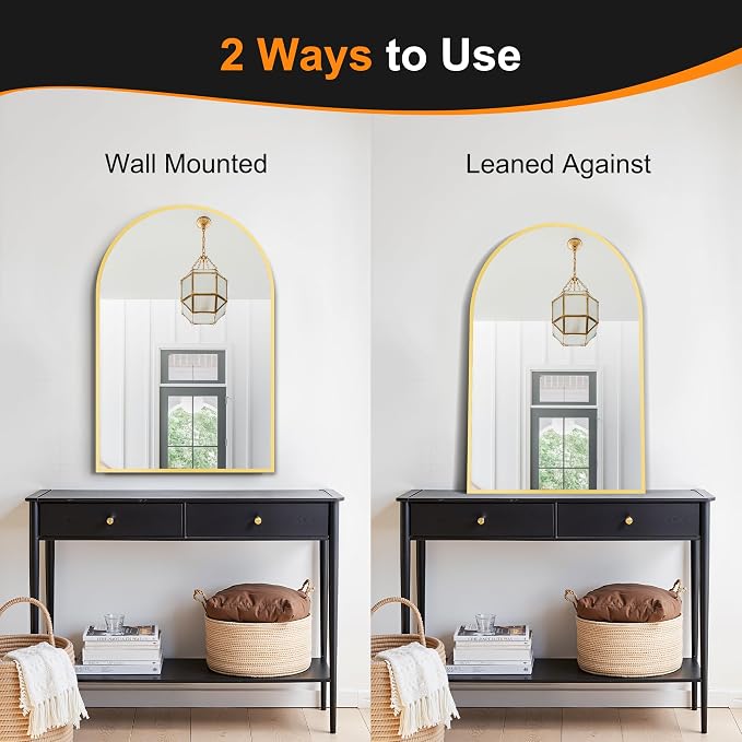 Delma Arched Bathroom Mirror, 26"x38" Wall Mounted Vanity Mirror for Bedroom, Living Room and Entryway, Gold