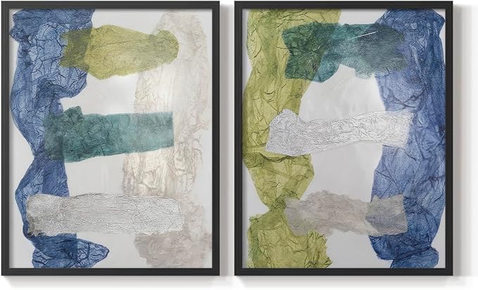 Renditions Gallery Set of 2 Peel & Stick Framed Prints, Elegant Abstract Wall Art, Dyed Cloth Texture Wall Decor, Re-Stickable - Ready to Hang - 16"x20" - Black Frame LT588