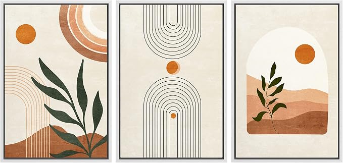 wall26 Framed Canvas Print Wall Art Set Boho Mid-Century Geometric Desert Plant Sun Nature Abstract Illustrations Modern Art Bohemian Decorative for Living Room, Bedroom, Office - 24"x36"x3 White