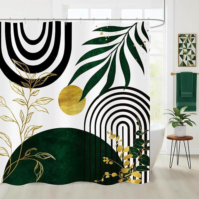 Olive Green and Gold Boho Mid Century Shower Curtain, Modern Minimalist Leaf Arch Sun Shower Curtains for Bathroom Waterproof Fabric Bath Curtain 72x72 Inch with 12 Hooks