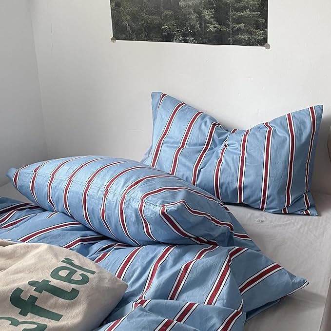 mixinni Vintage Striped Blue Duvet Cover Full - 100% Cotton Red Stripes 3-Piece Bedding Duvet Cover Set with Zipper Closure, Soft & Breathable Retro Design for All Seasons (Full Size)