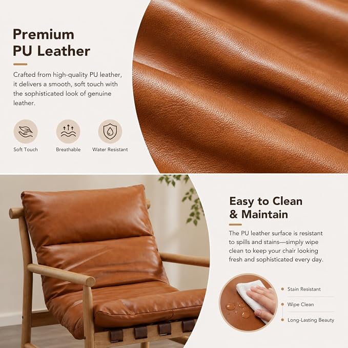 Faux Leather Accent Chair Mid Century Modern Living Room Chairs Comfy Arm Chair with Solid Wood Frame Upholstered Lounge Reading Chair Cozy Recliner for Guest Room/Bedroom, Brown, 7533AC