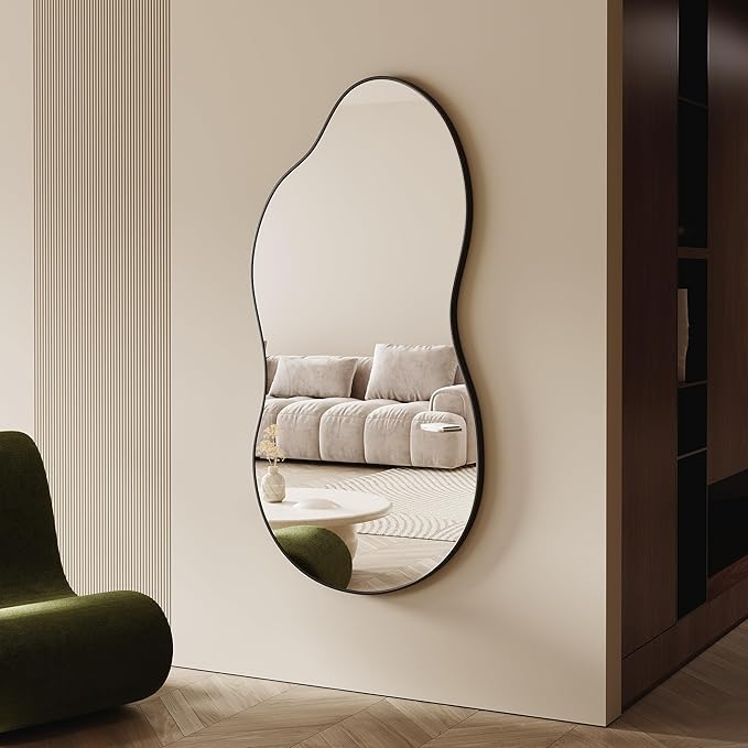 Irregular Wall Mirror - 28''×55'' Asymmetrical Decorative Tempered Glass Aluminum Alloy Framed Mirrors Cloud Mirror Wavy Mirrors for Bathroom, Bedroom, Living Room, Entryway（Black）