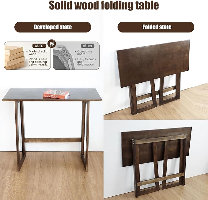 Solid Wood Folding Desk Mid Century Modern Table, 47'' Foldable Writing Computer Desk for Home Office, Simple Study Makeup Workstation, Wooden Study Office Desk Table for Small Spaces