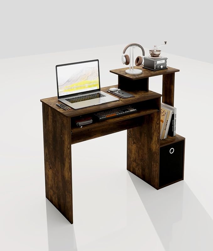 Small Computer Desk with Drawers, Wood Writing Desk with Storage Shelves for Home Office Bedroom Living Room, Walnut/Black