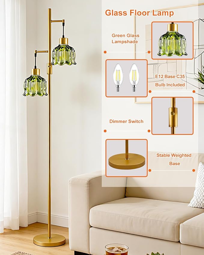 2-Light Modern Glass Floor Lamp, Gold Tall Standing Lamp with Green Flower Glass Shade for Reading, Dimmable LED Floor Lamp with 5Lbs Heavy Base for Living Room Bedroom Home Decor, Bulb Included