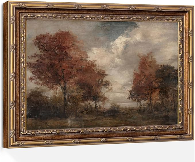 Vintage Gold Framed Autumn Landscape Wall Art - Rustic Moody Fall Trees Countryside Painting, Antique Gold Frame Fall Scenery Canvas Print Picture Wall Decor 8x10 Inch