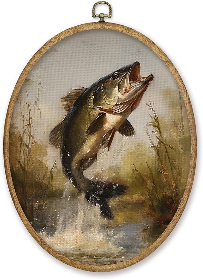 CGBHW Retro Fish Oval Wall Art Decor, Coastal Beach Canvas Prints Framed, Moody Fish Wall Art Hanging Decor for Kitchen Dining Room Beach Home Decorations, 8.6x11.4 Inch
