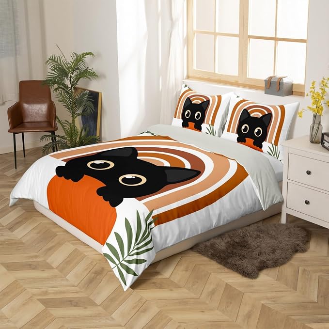Erosebridal Cartoon Cat Comforter Cover King Vintage Mid Century Bedding Set Modern Minimalism Animal Duvet Cover for Kids Girls Boys Adults Boho Abstract Geometric Bed Set