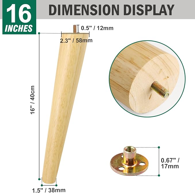 FoDau770 Rubber Wood Furniture Legs 16 Inches, Slant Tapered Wood Feet Mid Century Sofa Legs Set of 4, 5/16" UNC Furniture Feet Replacement Parts for Cabinet Couch Dresser Chair Ottoman Table