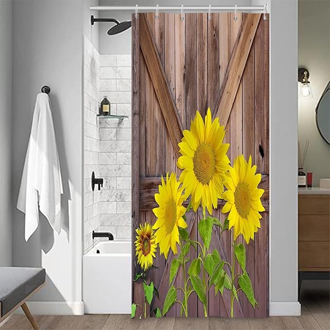 Rustic Farmhouse Shower Curtain - Yellow Sunflowers, Vintage Wood Door, Retro Country - Washable Polyester Durable Fabric With Hooks, 36x72 Inch
