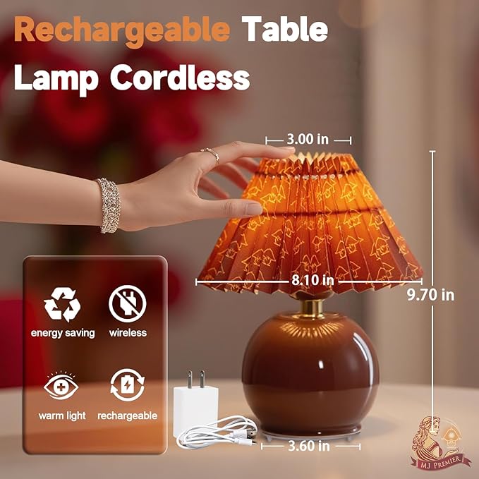 Rechargeable Table Lamp, Cordless Lamp with Glass Base, 3000K Warm Light, Battery Operated Lamps with E27 LED Bulb, Easy Assembly Pleated Lamps for Livingroom Tabletop Corner Shelf Decor (Red)