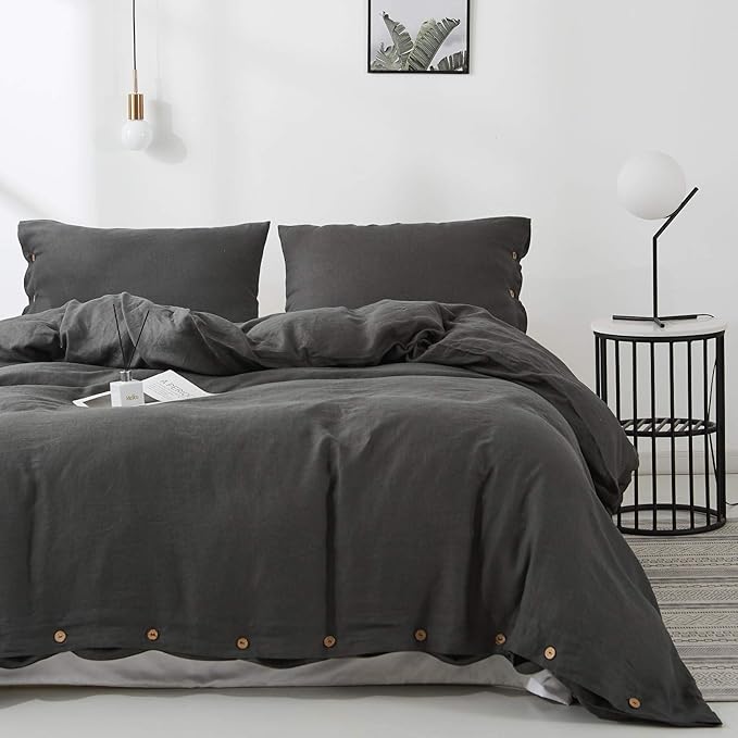 Simple&Opulence 100% Linen Duvet Cover Set 3pcs with Coconut Button Closure Natural French Washed Flax Solid Color Soft Breathable Farmhouse Bedding - Dark Grey, Full Size