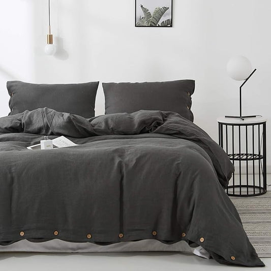 Simple&Opulence 100% Linen Duvet Cover Set 3pcs with Coconut Button Closure Natural French Washed Flax Solid Color Soft Breathable Farmhouse Bedding - Dark Grey, Full Size
