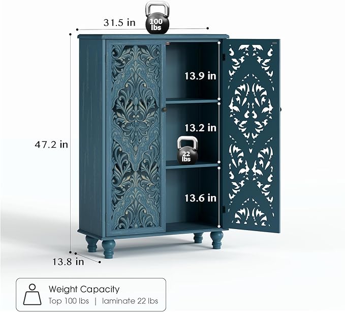 47" Tall Accent Cabinet with Navy Blue Mandala Carved Doors, Solid Wood Legs Storage Cabinet with 100 lbs Capacity, Boho Farmhouse Sideboard Buffet for Entryway, Living Room & Coffee Bar