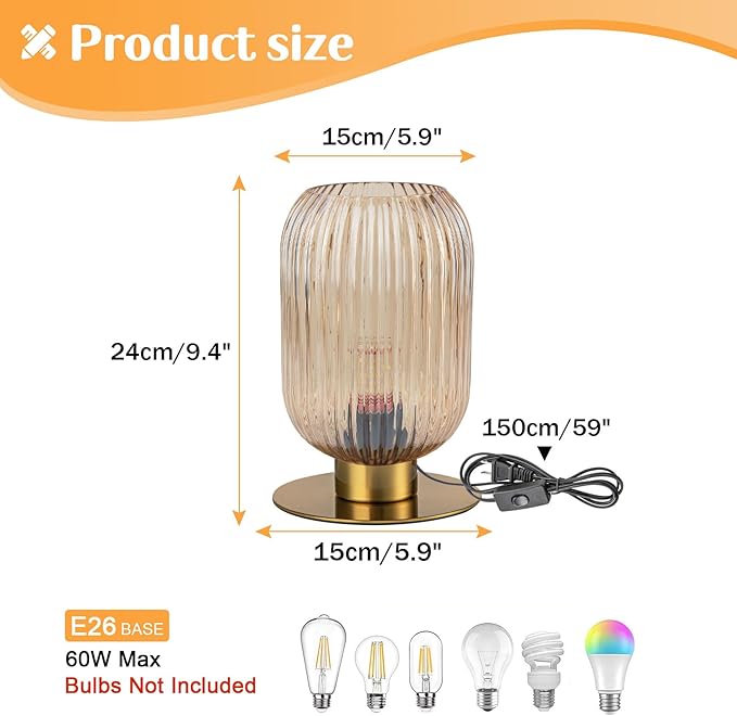 Small Table Lamp, Mid Century Modern Bedside Table Lamp, Amber Ribbed Glass Globe Table Lamp, Vintage Brass Nightstand Lamp for Bedroom Living Room Office, E26 Desk Lamp