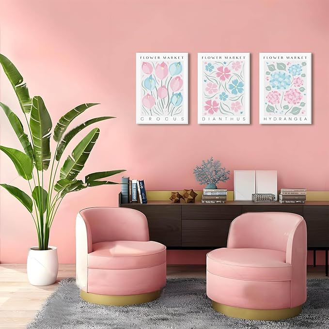 BingruiArt Flower Market Wall Art Pink and Blue Canvas Boho Floral Wall Decor Botanical College Coquette Girly Preppy Posters Prints Pictures for Apartment Batroom Bedroom Dorm Room 3Pcs 16"x24" Framed