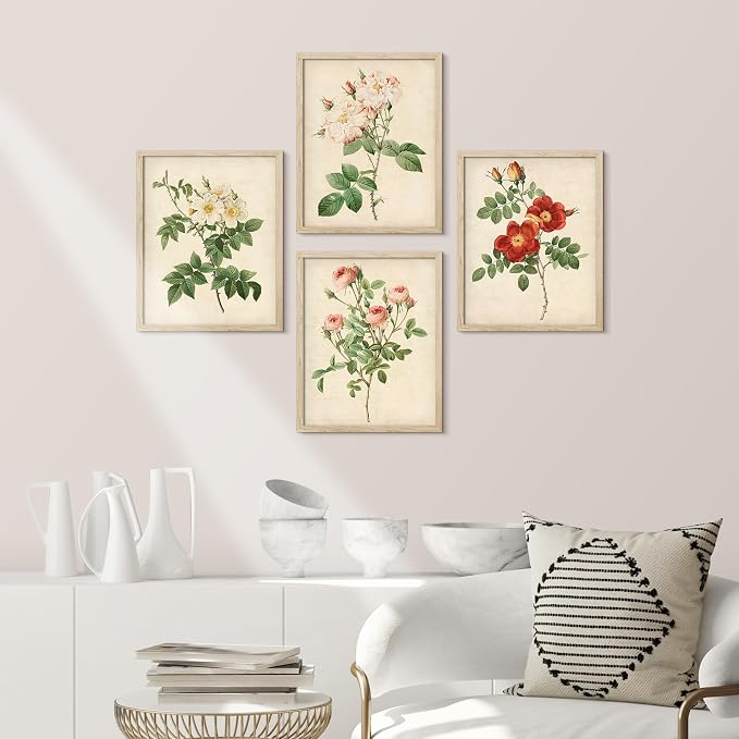 SIGNWIN Framed Vintage Colorful Wildflower Wall Art, Set of 4 Variety Floral Wall Decor Prints, Nature Wilderness Wall D¨¦cor for Living Room, Bedroom - 12"x16" Natural