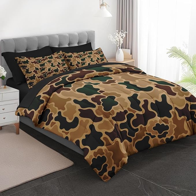 7Pcs Comforter Set King Size, Brown Camouflage Camo Hunting Hunter, Bedding Decor Wood Green Desert Army Military Bedroom Bed Set Flat Sheet Fitted Sheet Pillowcases Shams for Kids Adults