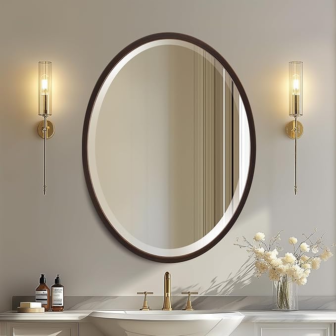 OVALCREST - Oval Wooden Beveled Wall Mirror for Home Decor, Bathroom, Vanity, Bedroom, Living Room, Hallway - London Style (Rubbed Bronze) 37.1 x 25.1