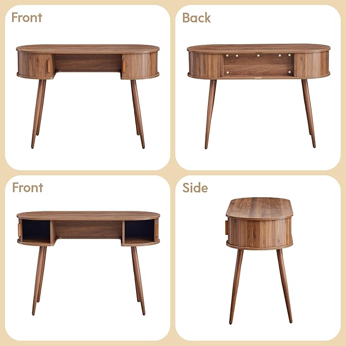 AVZEAR 43" Oval Fluted Home Office Desk, Small Computer Desk Mid Century Modern Vanity Table with Sliding Tambour Door, Wooden Writing Study Desk for Small Spaces, Bedroom, Office(Wlanut)