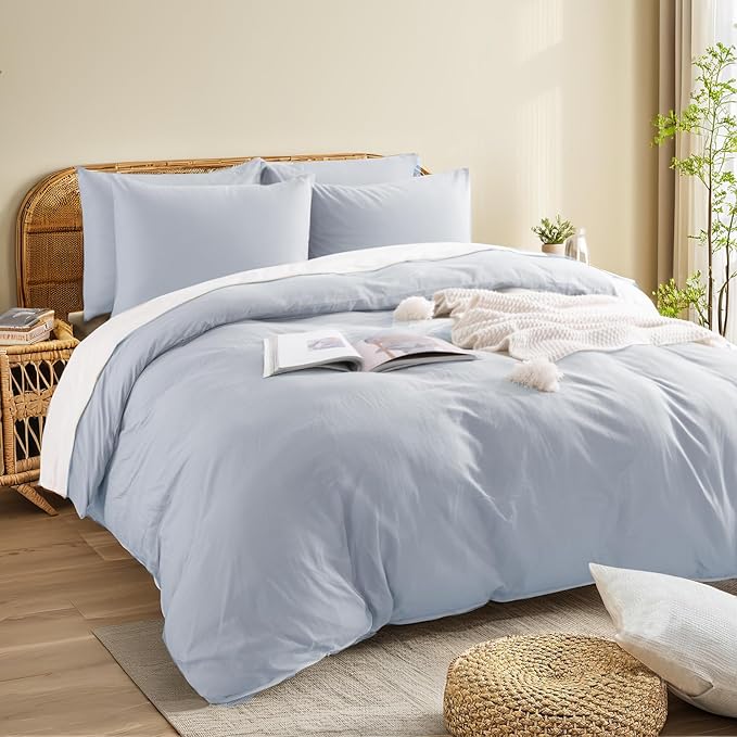NEXHOME PRO Twin Duvet Cover Set, 100% Washed Cotton with Linen-Like Texture, Natural Organic, Breathable & Comfortable, Includes Home Bedding Set Cornflower Blue (No Comforter) 6890
