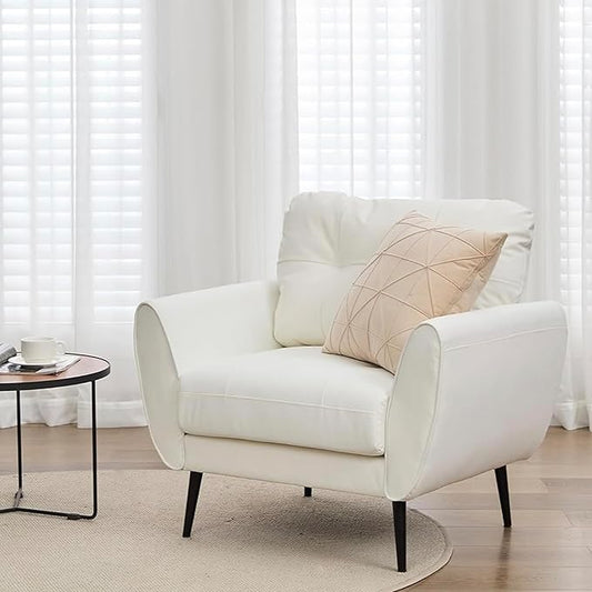 TYBOATLE Accent Chair Comfy Modern Living Room Chair White Leather Reading Accent Chairs Tufted Mid Century Moden Arm Chair Small Salon Chair for Office Bedroom (1, White)