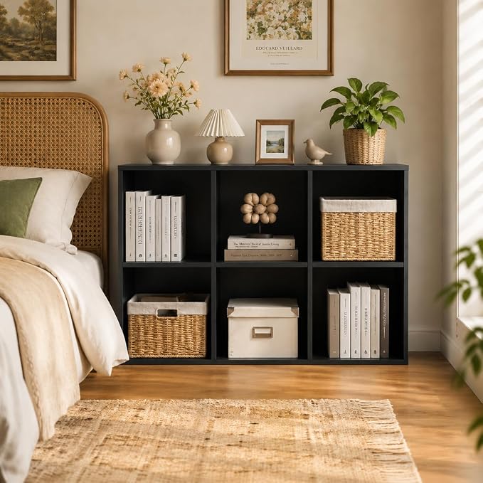 POWERSTONE 6 Cube Storage Organizer, Open Cube Bookshelf with Back Panels, Modern Display Cubby Bookcase for Bedroom Living Room Home Office, Black