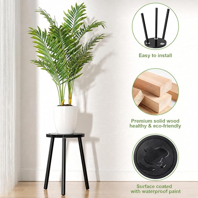 Wood Plant Stands Indoor, 16.7" Tall Plant Stand Outdoor Mid-Century Plant Stool, Single Plant Table Modern Small Round Side/End Table for Living Room, Balcony, Office(Black)