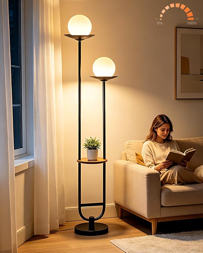 Lightdot 63IN Black Floor Lamp with U Pole, 2 Globe Mid Century Standing Lamps Dimmable with 3000K Warm White LED Bulbs, Unique Vintage Tall Floor Lamp for Living Room/Wedding/Party