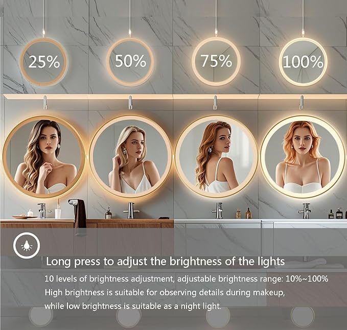 24 Inch Wall-Mounted Round Bathroom Mirror with LED-Lights - Frame Vanity Mirrors (24" x 24", Gold)