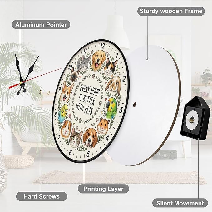 Cute Cartoon Pets Wooden Wall Clock Silent Non Ticking for Pet Lovers Home Decor Kitchen Living Room Bedroom Office Gift, Battery Operated Frameless 10/12 Inch