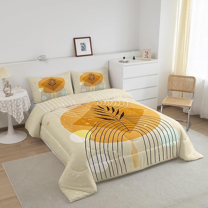 Geometric Stripe Bedding Set Twin Retro Aesthetic Comforter Set, Beige Minimalism Duvet Insert Modern Artwork Quilt Comforter, Mid Century Bedding Comforters & Sets with 1 Pillowcase Super Cozy