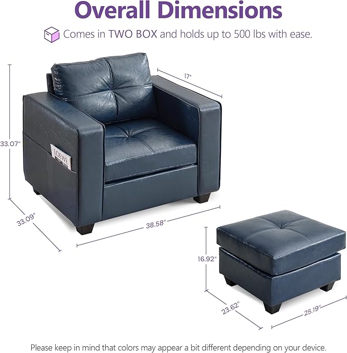 TYBOATLE Oversized Accent Chair with Ottoman, Wide Chaise Lounge Chair Indoor, Mid Century Modern Blue Armchair with Pockets, Leather Comfy Chairs for Bedroom, Living Room, Office