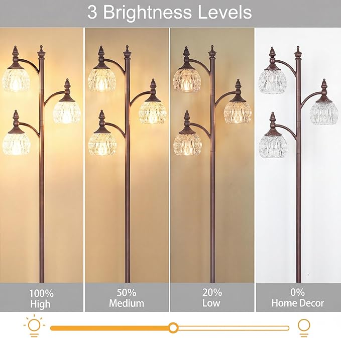 JUNNAI Brown Floor Lamps 66.5in Vintage Standing Lamp with Glass Shade 3 Way Brightness Lights Mid Century Modern Pole Lights Corner Lamp for Living Room Bedroom Office(Bulbs Included)