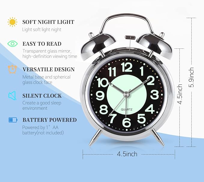 Super Loud Alarm Clock For heavy sleepers,4 inches Twin Bell Alarm Clock with Backlight,Battery Operated,Silent Non Ticking,For Kids,Adults,Bedrooms,Retro decor Desk Analog Clocks.. (Noctilucent)