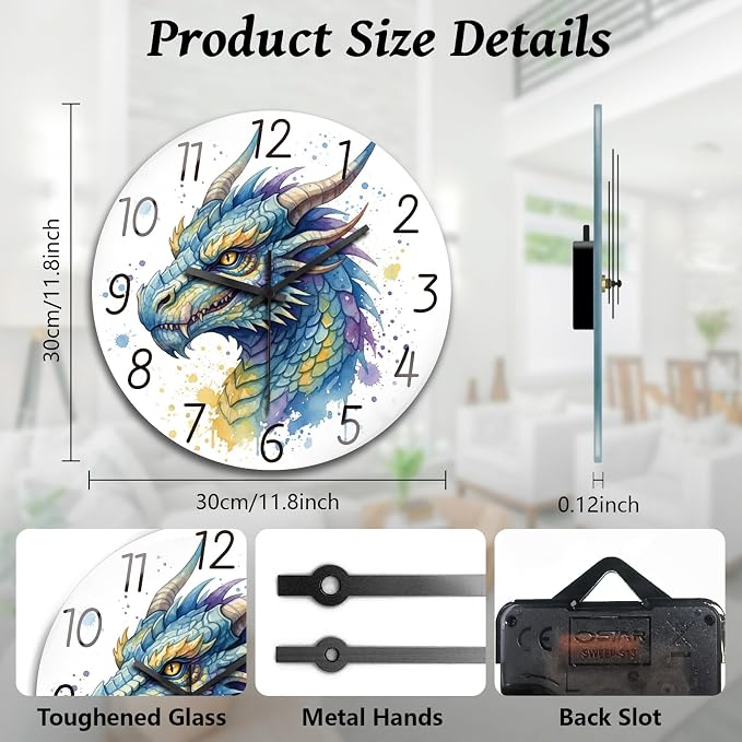 peacoblue Wall Clocks Battery Operated 12 Inch Dragon Glass Round Wall Clock Non Ticking for Kitchen Living Room Dining Room Bedroom and Bathroom Decor Accessories (Battery not Included)