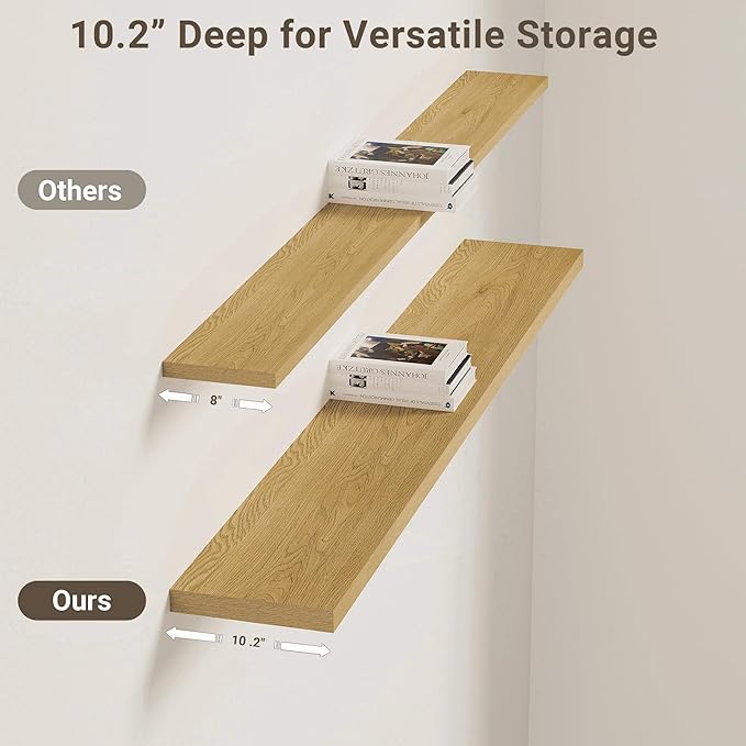 Vivelove 10" Deep Floating Shelves with Invisible Brackets, 55" Wall Shelves for Bathroom Bedroom Kitchen Living Room Laundry Room, Modern Rustic Shelves for Home Decor, 55"x10.2"x1.5", Set of 2, Oak