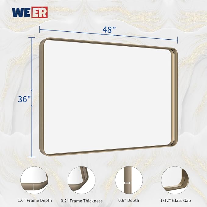 WEER Bronze Bathroom Mirror 48x36 Inch, Farmhouse Oil Rubbed Bronze Mirror for Wall, Aluminum Alloy Brushed Bronze Metal Frame Mirror for Vanity, Tempered Glass, Anti-Rust (Horizontal/Vertical)