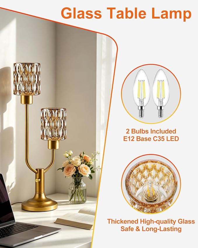 Lightdot Mid Century Modern Table Lamp for Living Room Dimmable Nightstand Lamp Amber Glass Vintage Gold Desk Lamp 2 Bulbs Included Warmwhite Ambient Bedside Lamps for Bedroom Home Office Decor Gift