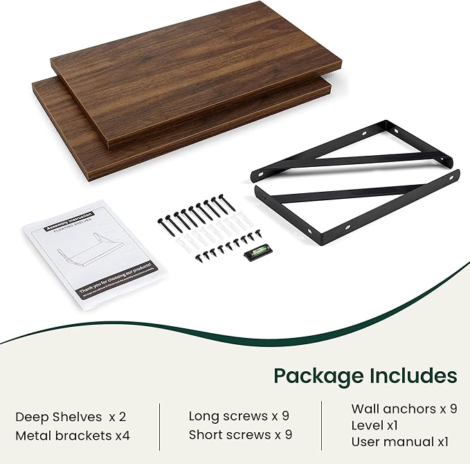 Floating Shelves, 12 Inch Deep Rustic Wood Wall Storage, 24W x 12D Wall Shelves Set of 2, Heavy Duty Metal Brackets, Large Industrial Book Shelf for Living Room, Kitchen, Bedroom, Walnut