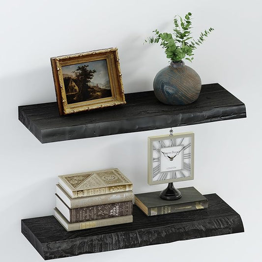 SAUMONIERES Live Edge Floating Shelves for Bedroom Living Room Wall Mounted Storage Long Natural Elm Wood Shelf Large Heavy Duty 8 Inch Deep, 24 inch Set of 2 Black Floating Shelves